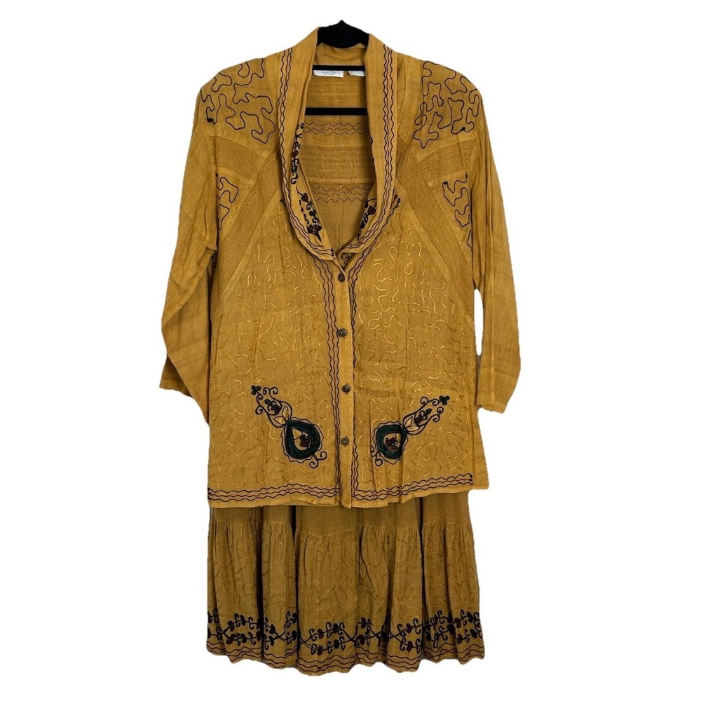 VTG Bohemian Embroidered Pixie Hippie  Duster,‎ Skirt, Vest Lew Magram Sz M 3pc